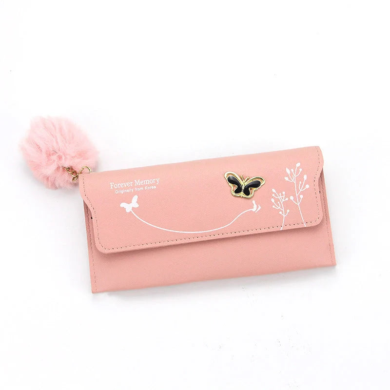 Ladies PU leather long hair ball bow purse with magnetic buckle in various colours