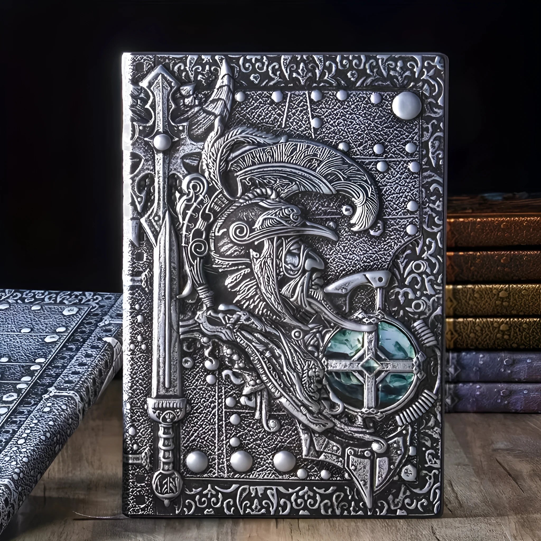 Handmade leather A5 notebook with embossed 3D Warriors relief design, shown open.