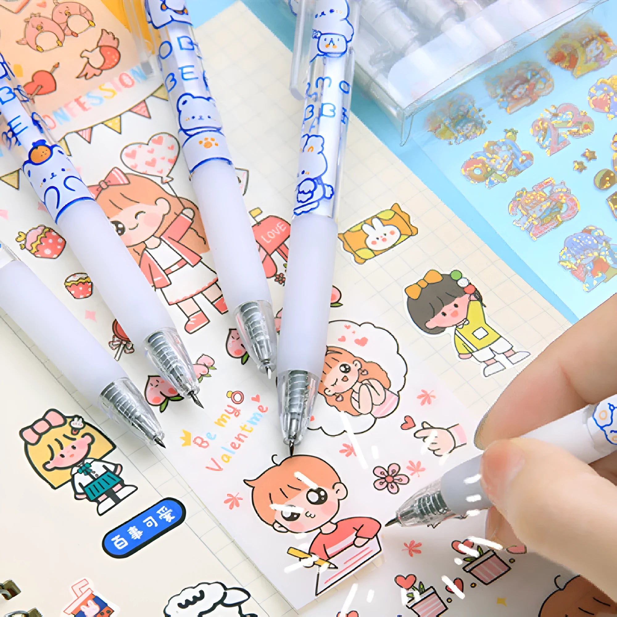 Set of six colourful craft knife pens with cute animal designs including bears and rabbits.