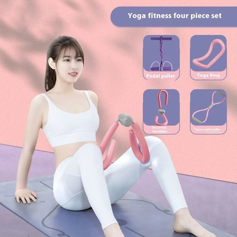 Yoga four piece set showing leg beauty device, yoga ring, pedal tension device and figure eight tension rope.