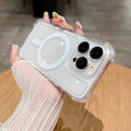 Transparent silicone airbag phone case with magnetic ring and raised camera lens protector for iPhone.