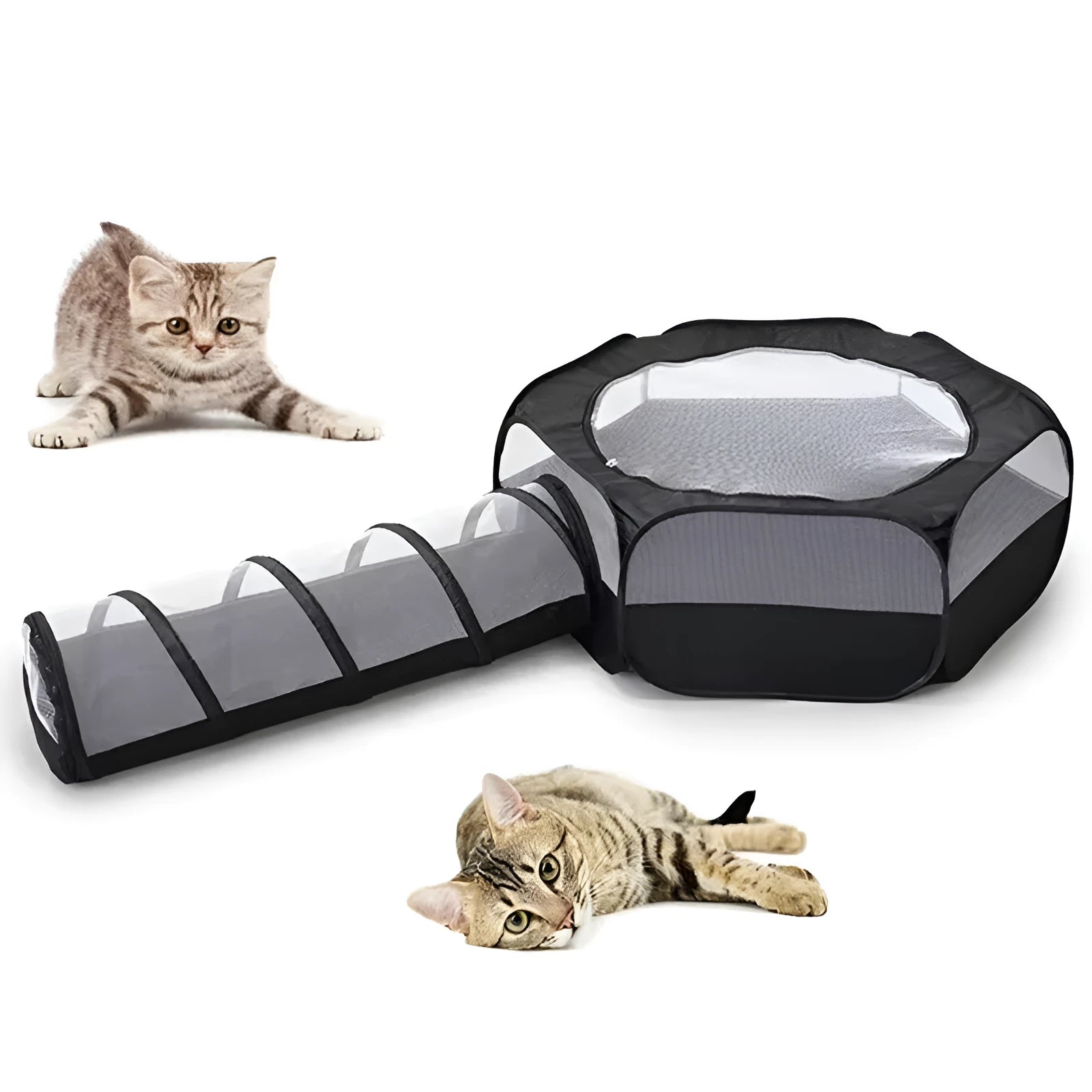 Grey foldable 30cm cat tunnel made of polyester, shown with a tent section and tunnel opening for indoor play