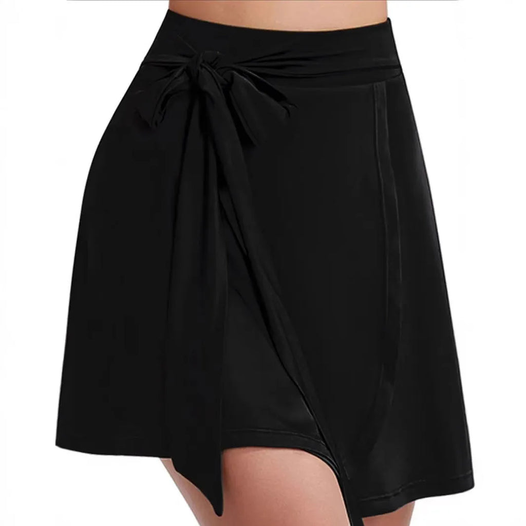 Black thigh-length sports skirt with high waist and attached anti-exposure shorts