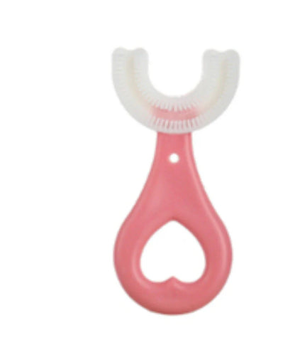 U-shaped children's soft rubber toothbrush in various colors including pink, blue, and long options