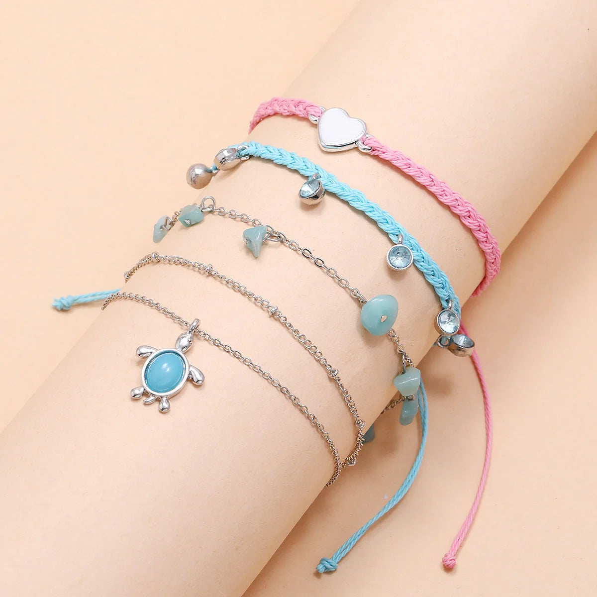 Hand-woven blue love foot rope anklet with geometric design