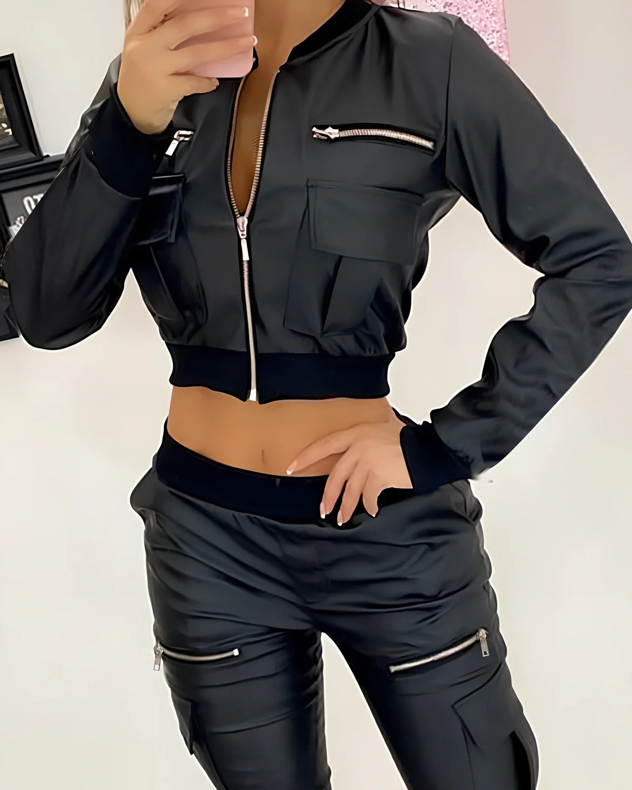 Black PU short baseball uniform jacket with long spliced sleeves, polyester 51-70%, sizes S-XL for women commuting