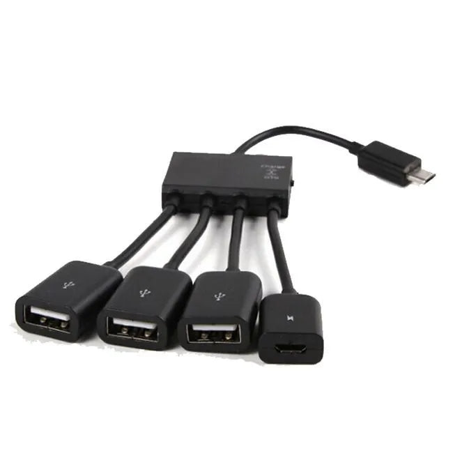 Black micro USB OTG one-to-four multi-port adapter with switch and 0.25m cable