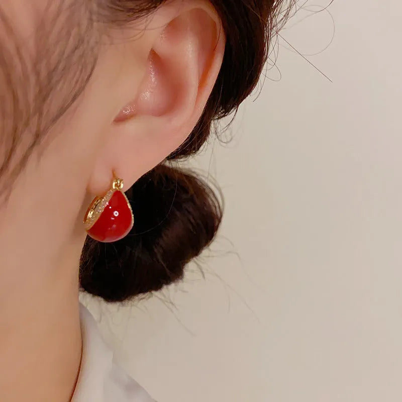 Retro micro-inlaid drip oil ear clip for women copper thick real gold plating geometric shape red colour