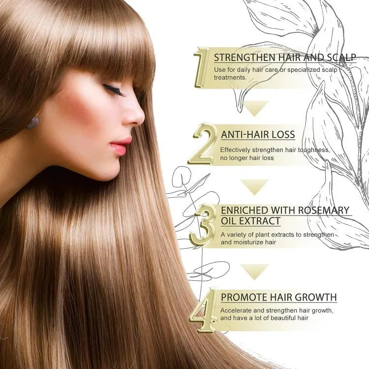 Yellow liquid rosemary essential hair oil in 60ml bottle for damaged hair treatment