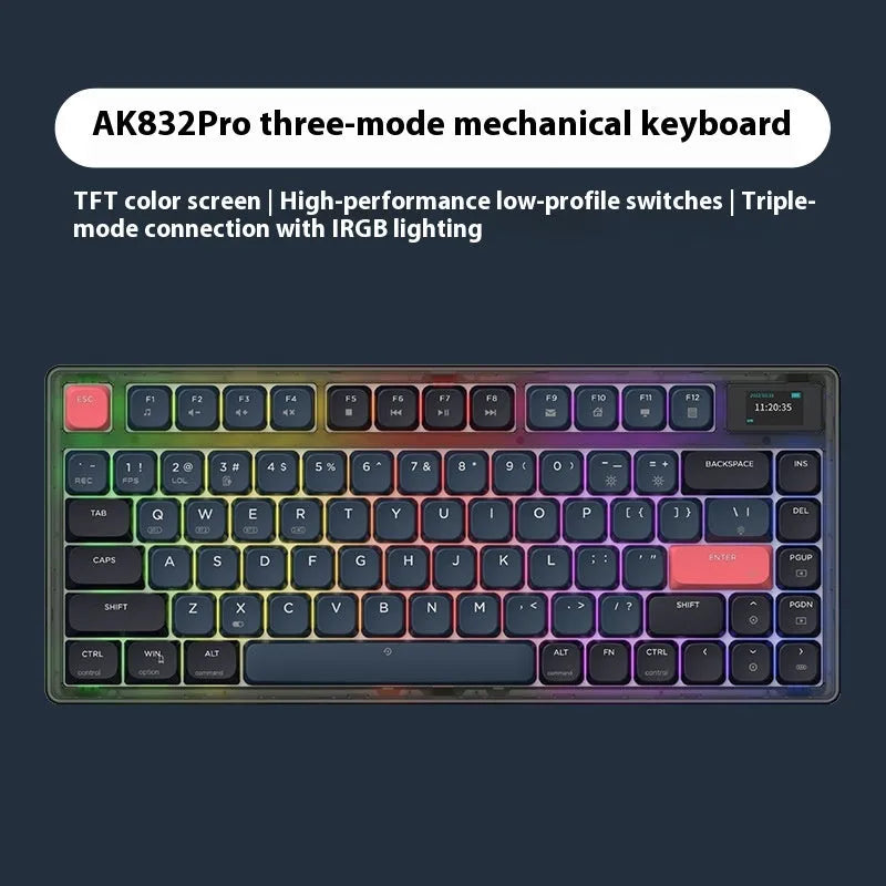 Ajazz AK832PRO green or tea coloured compact mechanical keyboard with RGB backlighting on a desk.