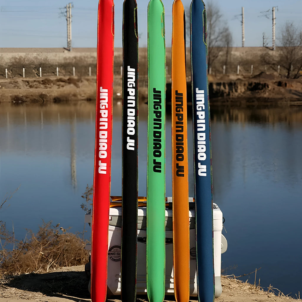 95cm cotton telescopic fishing rod bag in five colour options showing rod storage