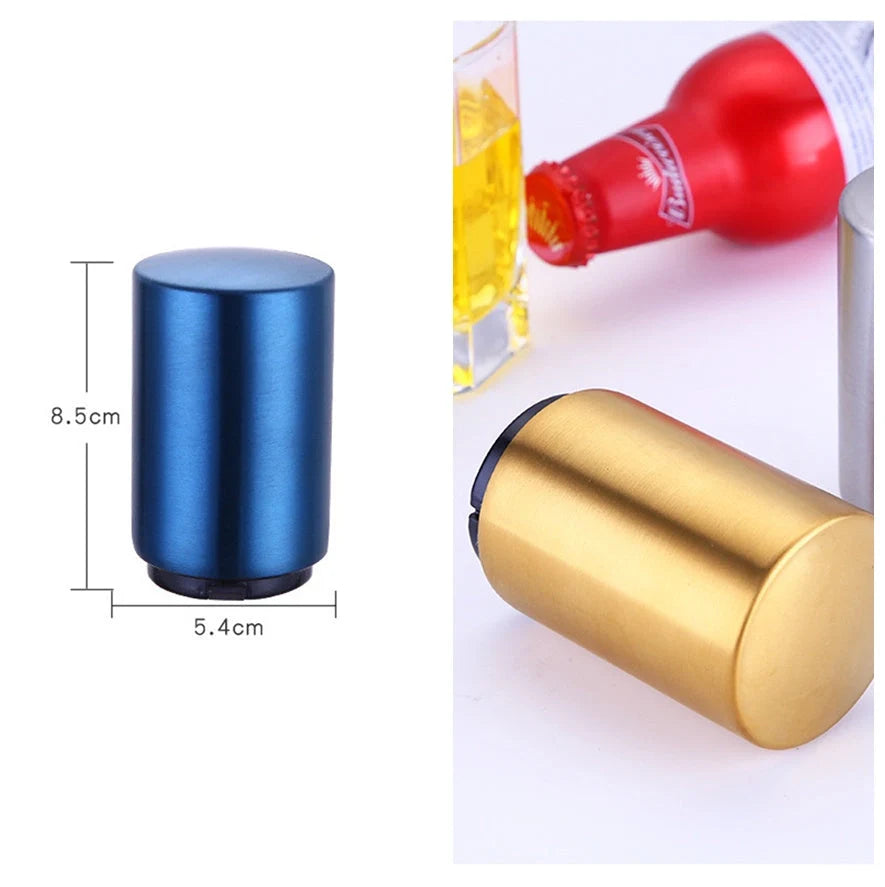 Stainless steel magnetic beer bottle opener with brushed metal finish