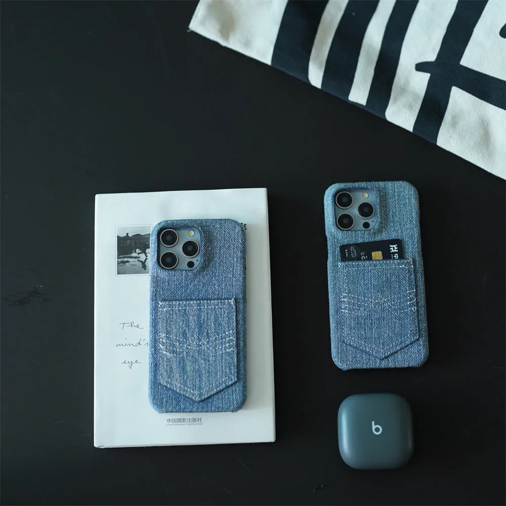 Denim card insert oil edge TPU phone case with magnetic suction for Apple iPhone models, back view showing card slot and rhinestone decoration.