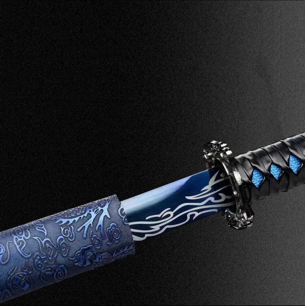 Blue Dragon Tang Horizontal Saber with high manganese steel blade and plastic steel scabbard on display