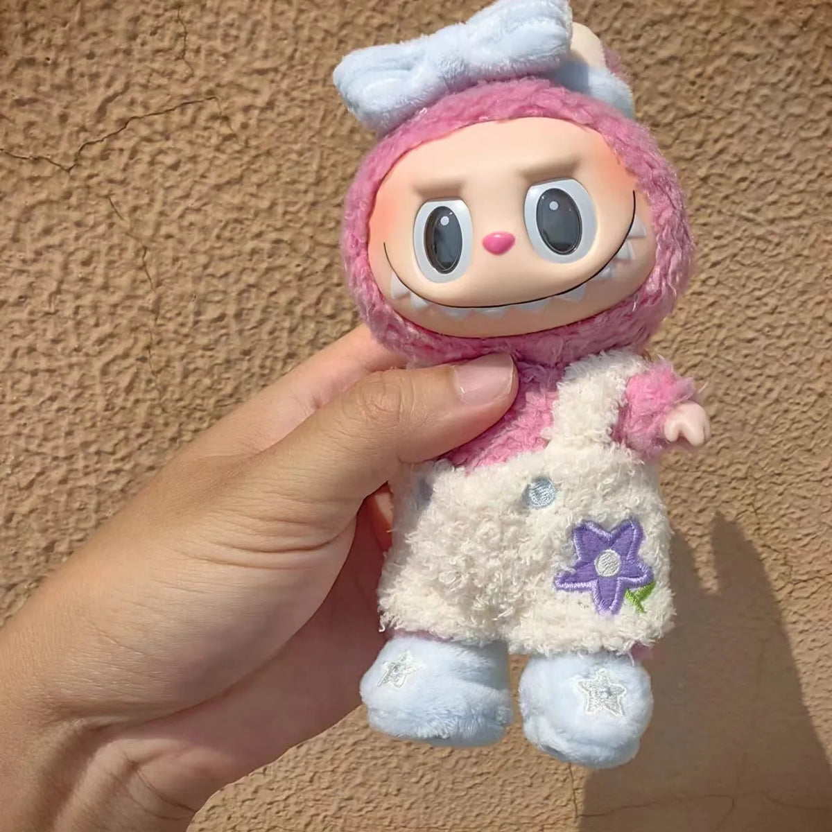 15cm doll clothes pendant in plush fabric, removable and washable, featuring a themed suit design for small dolls
