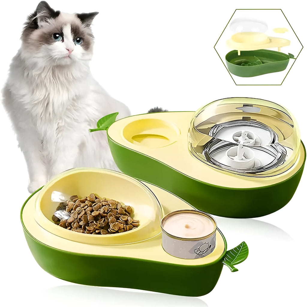 Avocado-shaped automatic pet feeder with water dispenser and two-part food bowl system