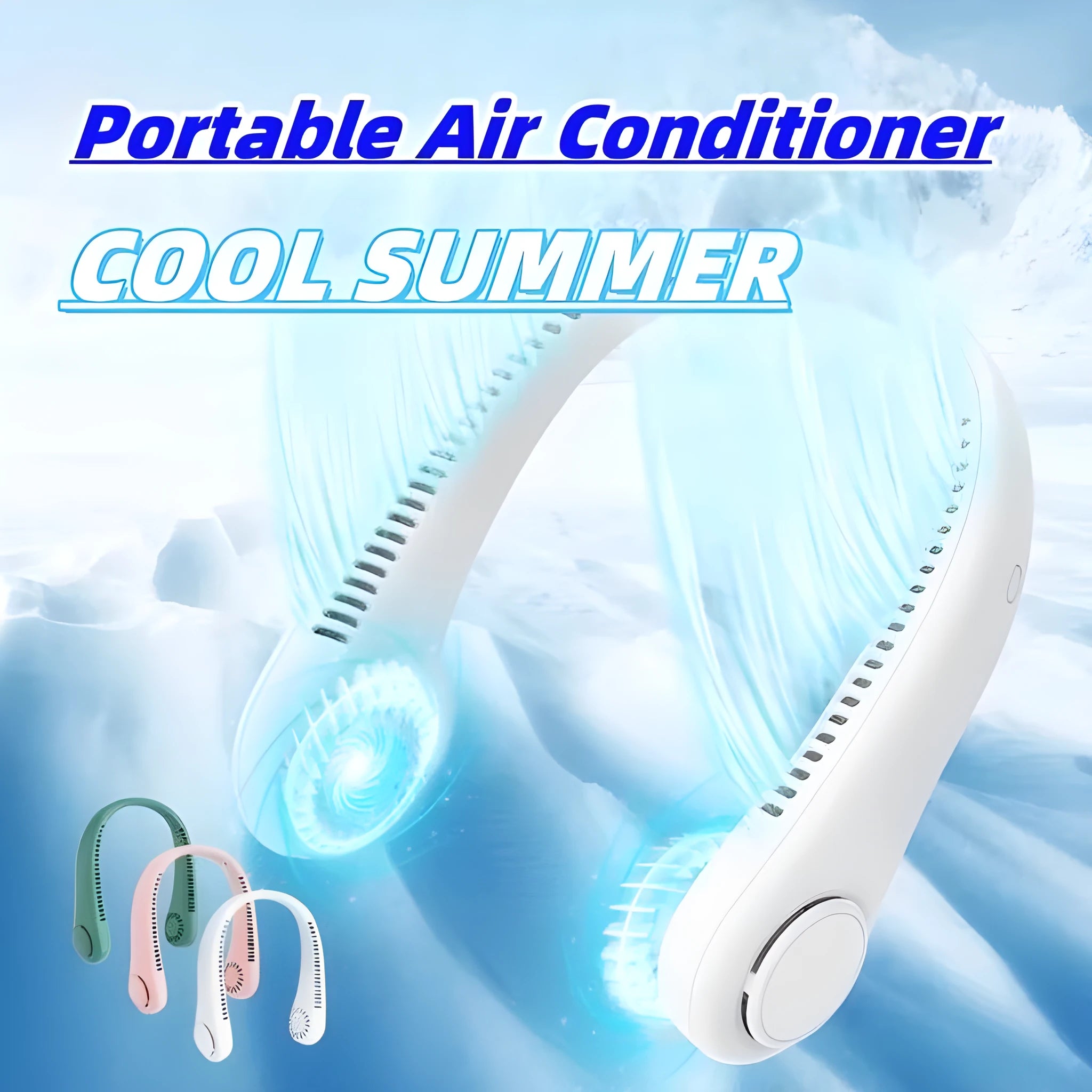 Rechargeable bladeless neck fan worn around neck showing decentralised air outlets