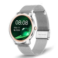 Women's smart watch with stainless steel band and 1.3-inch touch screen display showing watch face