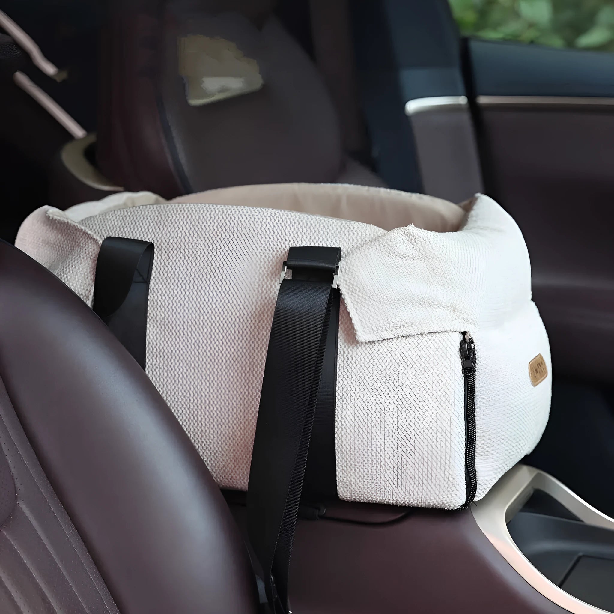 Beige white polyester dual-use pet car nest and bed for small animals.