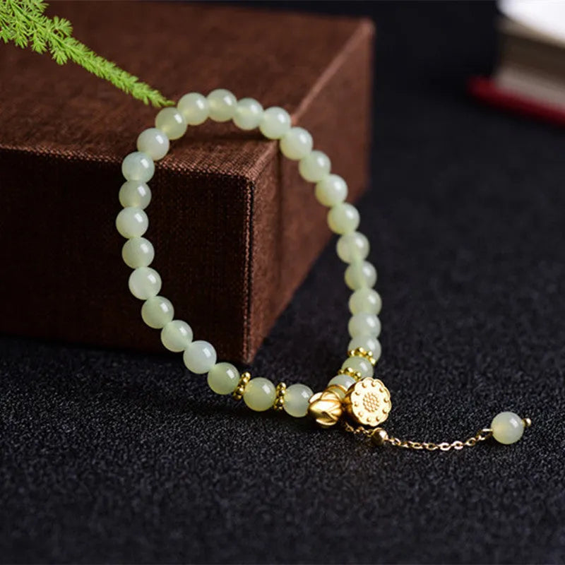 Hetian Jade bracelet with Step by Step Lotus design and Fu character on 6mm beads