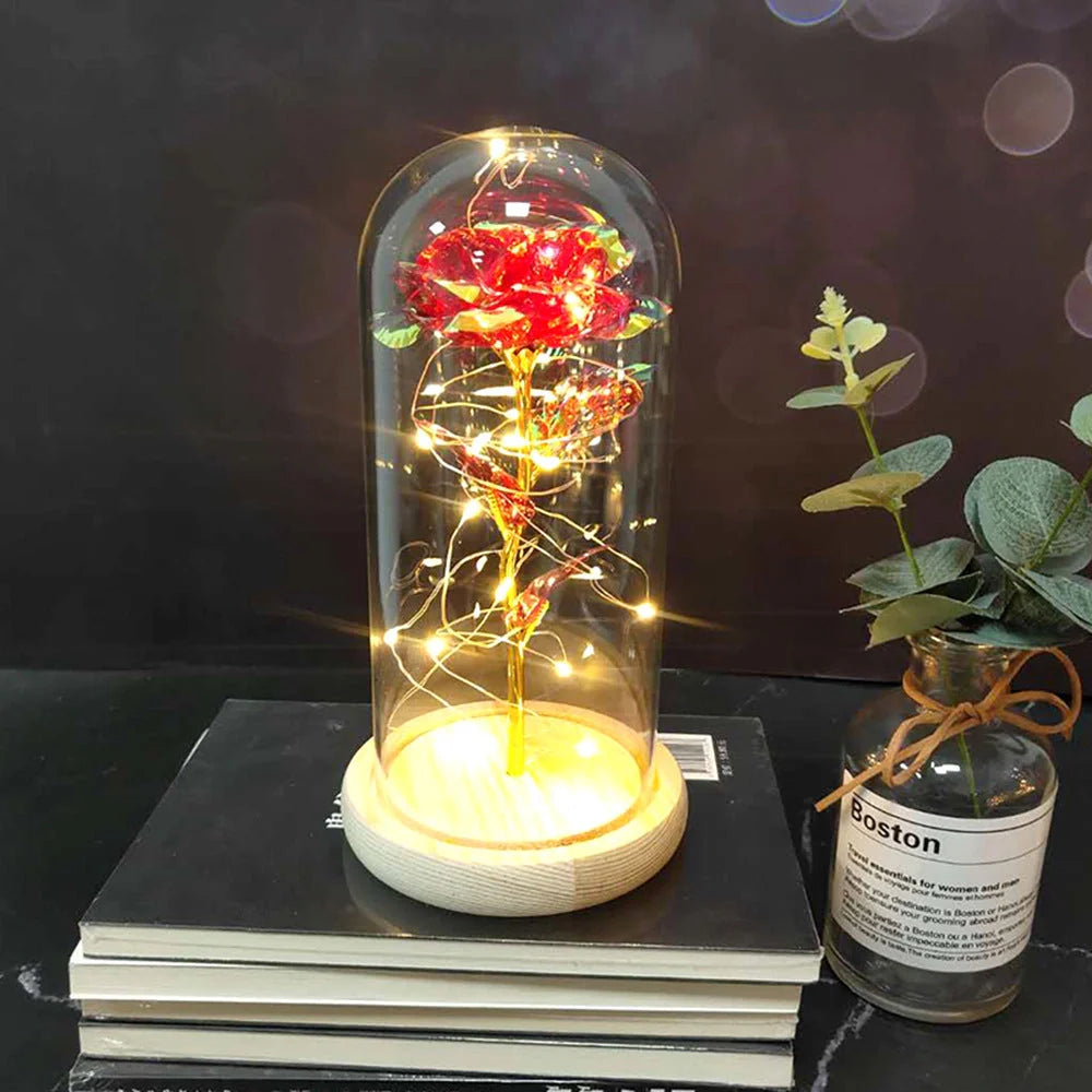 LED-lit immortal simulation rose in glass cover, perfect for weddings and home decor