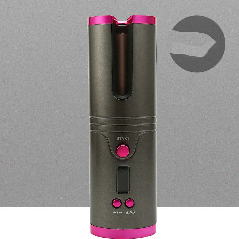 Wireless mini USB hair curler with gold spray paint shell showing 21-30mm barrel and temperature control buttons