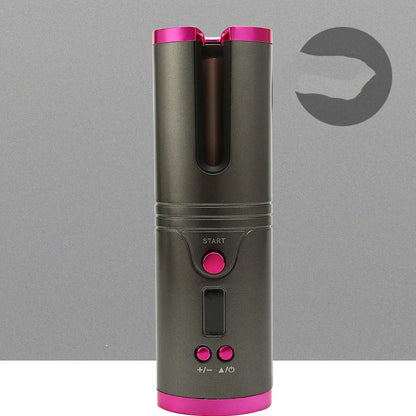 Wireless mini USB hair curler with gold spray paint shell showing 21-30mm barrel and temperature control buttons