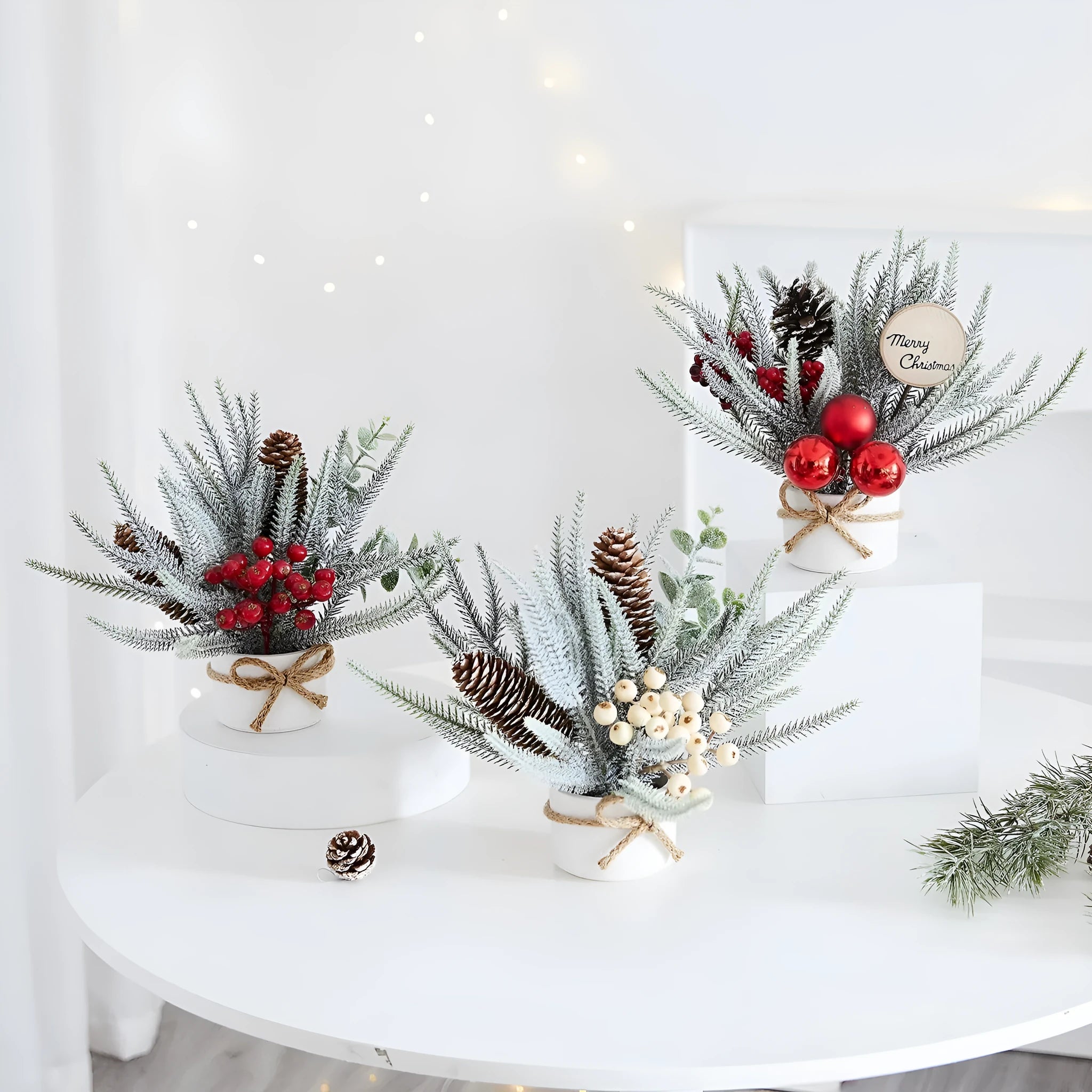 Desktop mini Christmas tree ornament with four colour options in European, American, and Nordic styles made from plastic, PVC, PET, and cloth.
