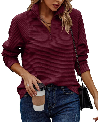 Women's zipper stand collar pullover sweatshirt with striped long sleeve in various colours