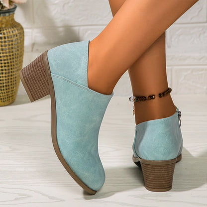 Women's chunky heel ankle boots with side zipper in blue, black, and khaki