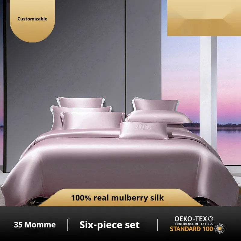 Solid colour silk quilt cover and pillowcases from a four-piece bedding set in a light luxury style.