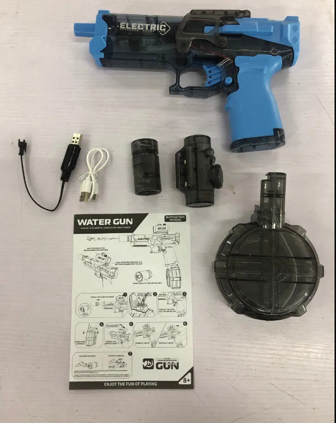Electric water pistol toy with LED lights in black, blue and red colour options
