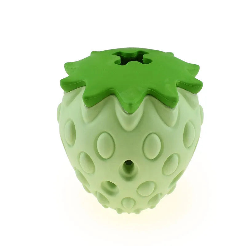 Chew resistant rubber strawberry leak food ball for dogs and cats in red and green