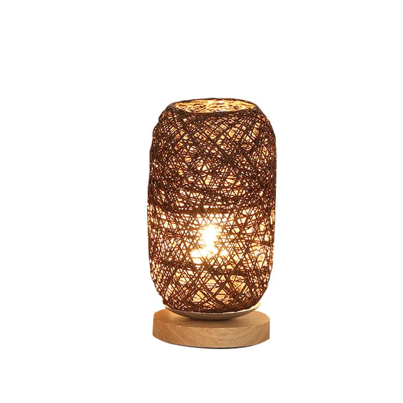 Dimmable LED night light with wooden twine vine finish on a bedside table, warm light, beige lampshade