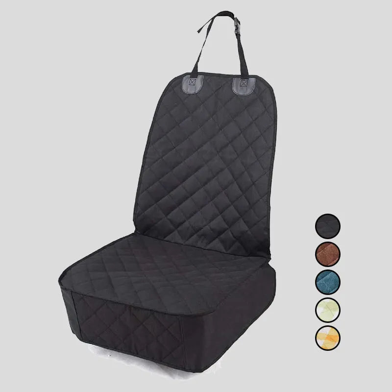 Oxford cloth pet car cushion in black on a co-pilot car seat with a dog sitting on it