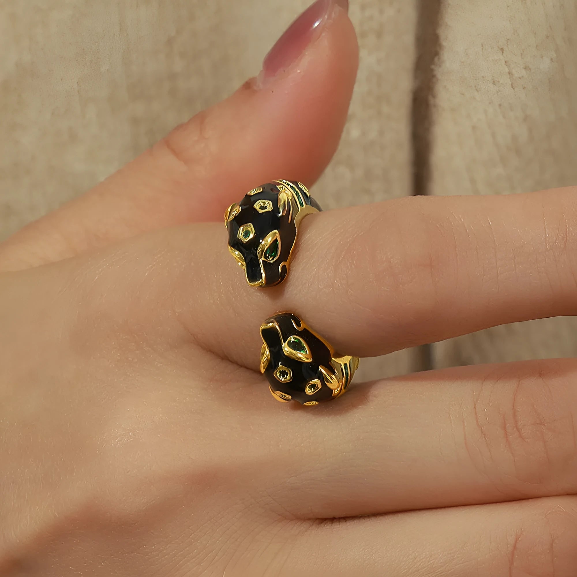 Black cheetah print open geometric ring for women, size No 7, made of electroplated copper.