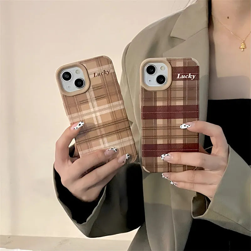 Lambskin plaid letters luck anti-fall silicone phone case for iPhone 13 Pro, light coffee colour, all-inclusive embossed design