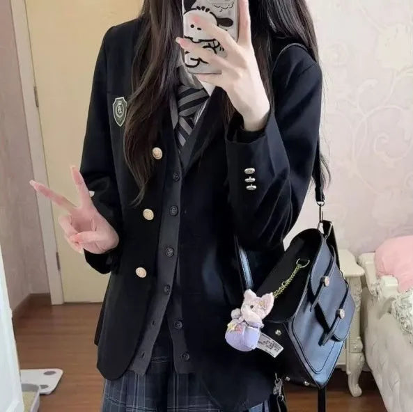 Japanese Korean uniform backpack for women, large capacity, double-shoulder strap, brown or black, with sewing thread detail