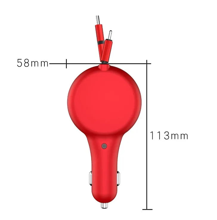 Black retractable car charger with two extended cables and multiple charging heads on a car dashboard.