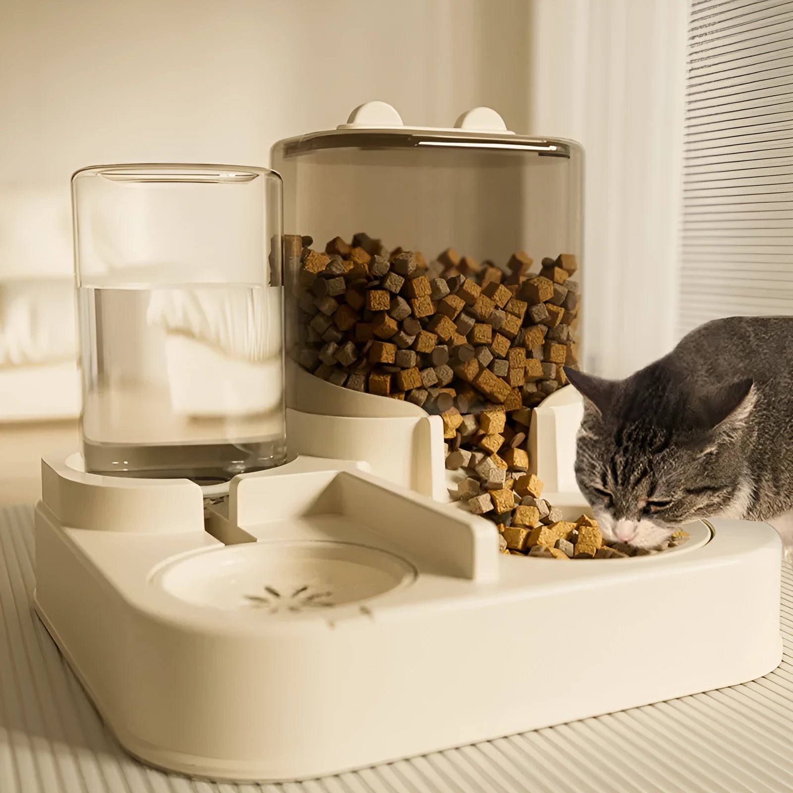 White plastic cat feeder with 4000ml capacity on a floor