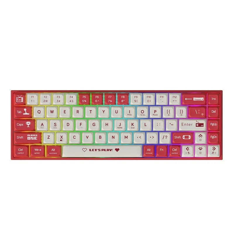 AJAZZ AK680 red and white mixed colour mechanical gaming keyboard with hot-swappable switches on a desktop