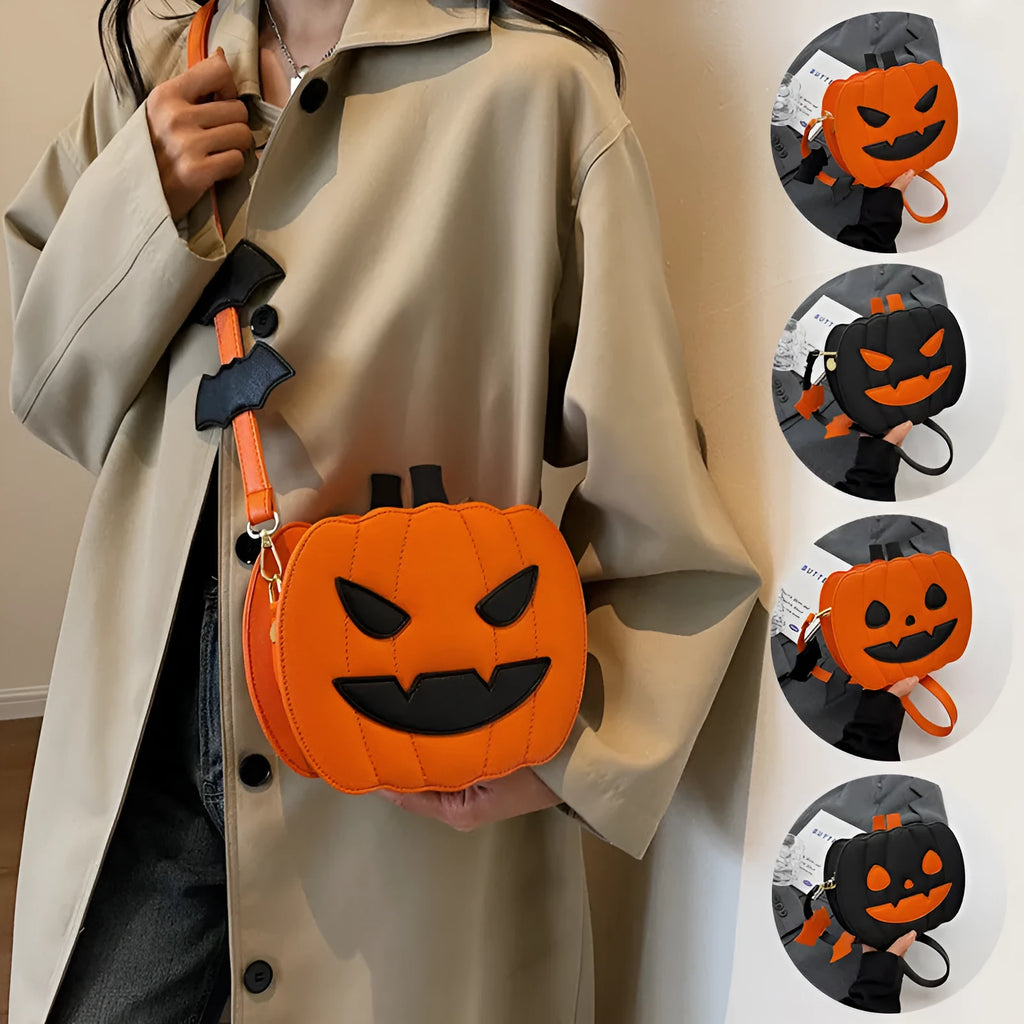 Horizontal view of a PU crossbody bag with pumpkin and bat cartoon design in orange colour option.