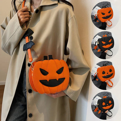 Stylish pumpkin cartoon shoulder bag with adjustable strap and vibrant color options for Halloween fashion