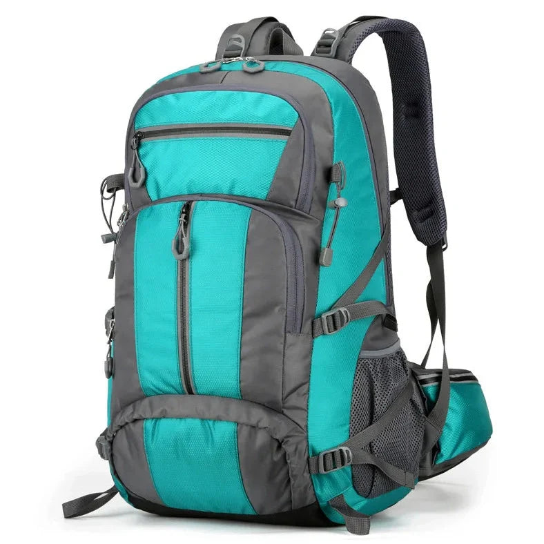 Black 50-litre fishing backpack with multiple compartments and external attachment points for fishing rods