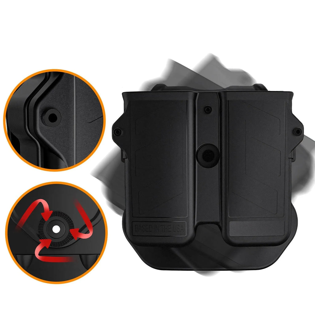 Black nylon magazine holder with a magazine inserted, set on a desk surface