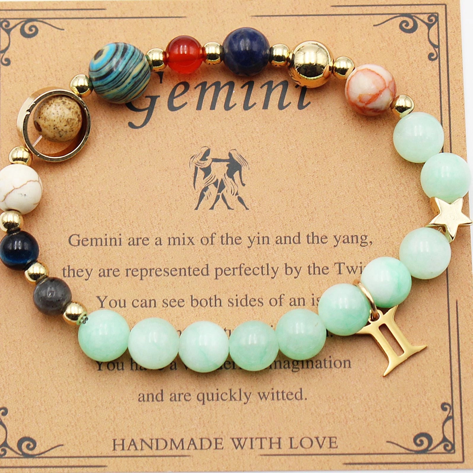 Morgan Stone beaded bracelet with twelve constellation designs, showcasing personalised zodiac signs.