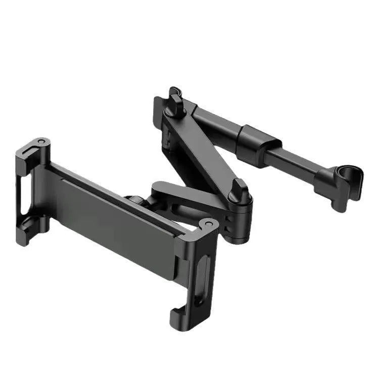 Car back seat mobile phone and tablet mounting stand in black with lace design, showing device in horizontal orientation