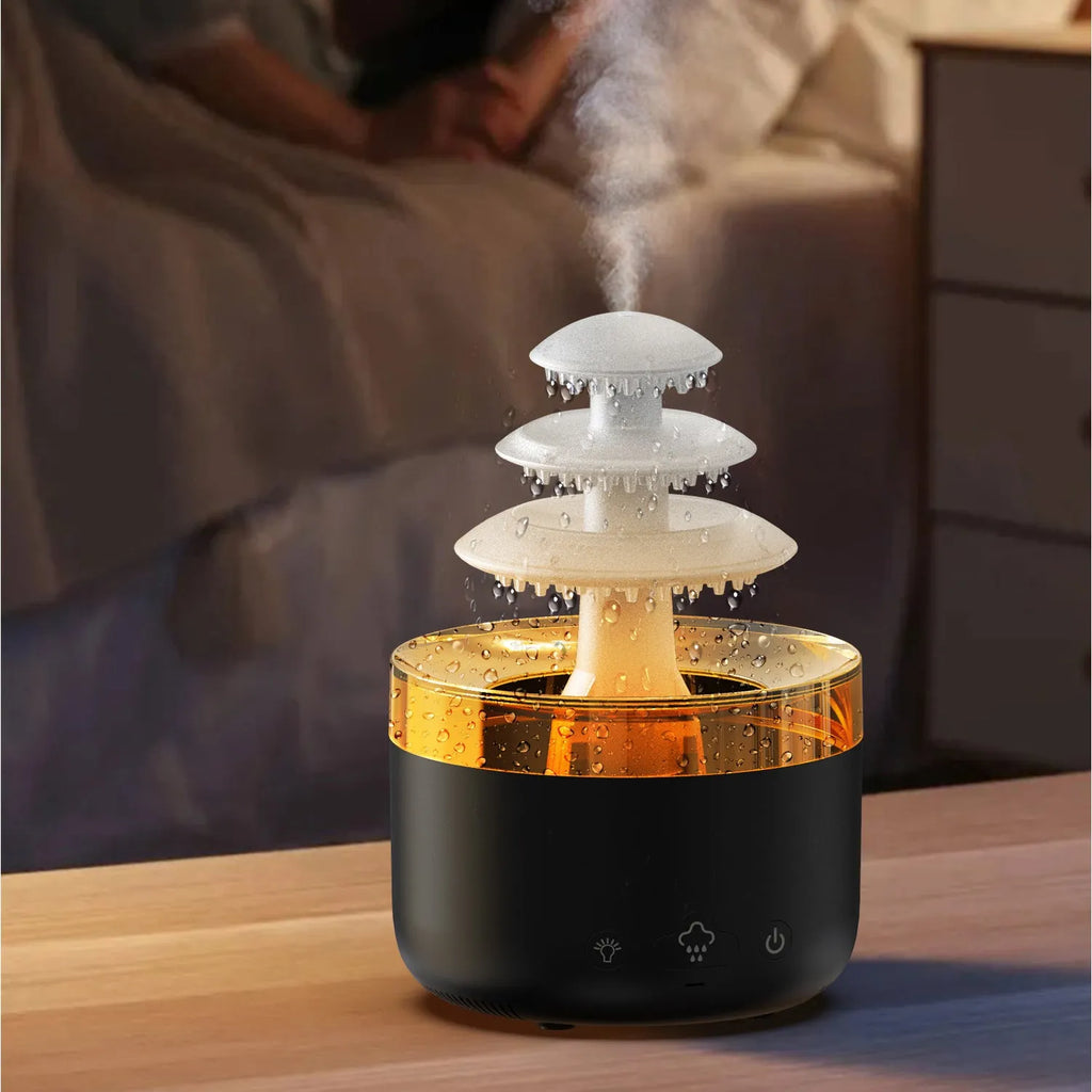 White cloud-shaped humidifier with colourful LED lights and mist output