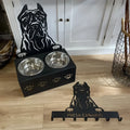 Personalised dog food bowl holder with iron dog head and stainless steel bowl, showing custom name engraving.