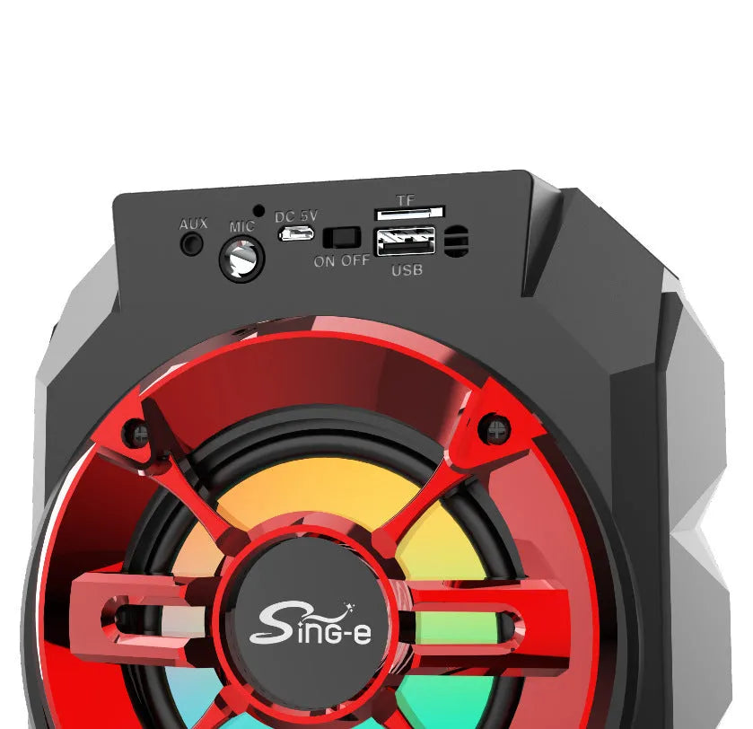 Portable Bluetooth speaker with pull rod handle and colourful LED lights in blue colour option